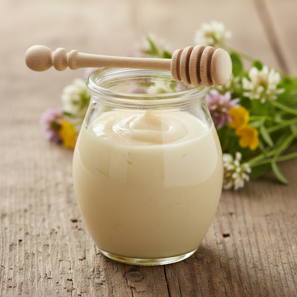 A jar of Hideaway Honey creamed spring honey with a wooden honey dipper