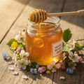 A jar of Hideaway Honey summer bramble honey with bramble blossoms