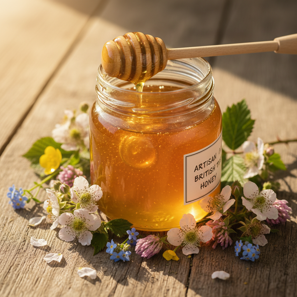 A jar of Hideaway Honey summer bramble honey with bramble blossoms